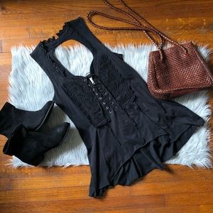 We The Free Black Lace Up Embroidered Top